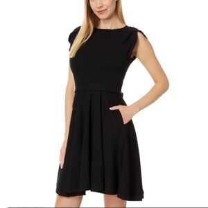 Pact Womens Black Organic Cotton Fit & Flare Petal Sleeve Pocket Dress Medium